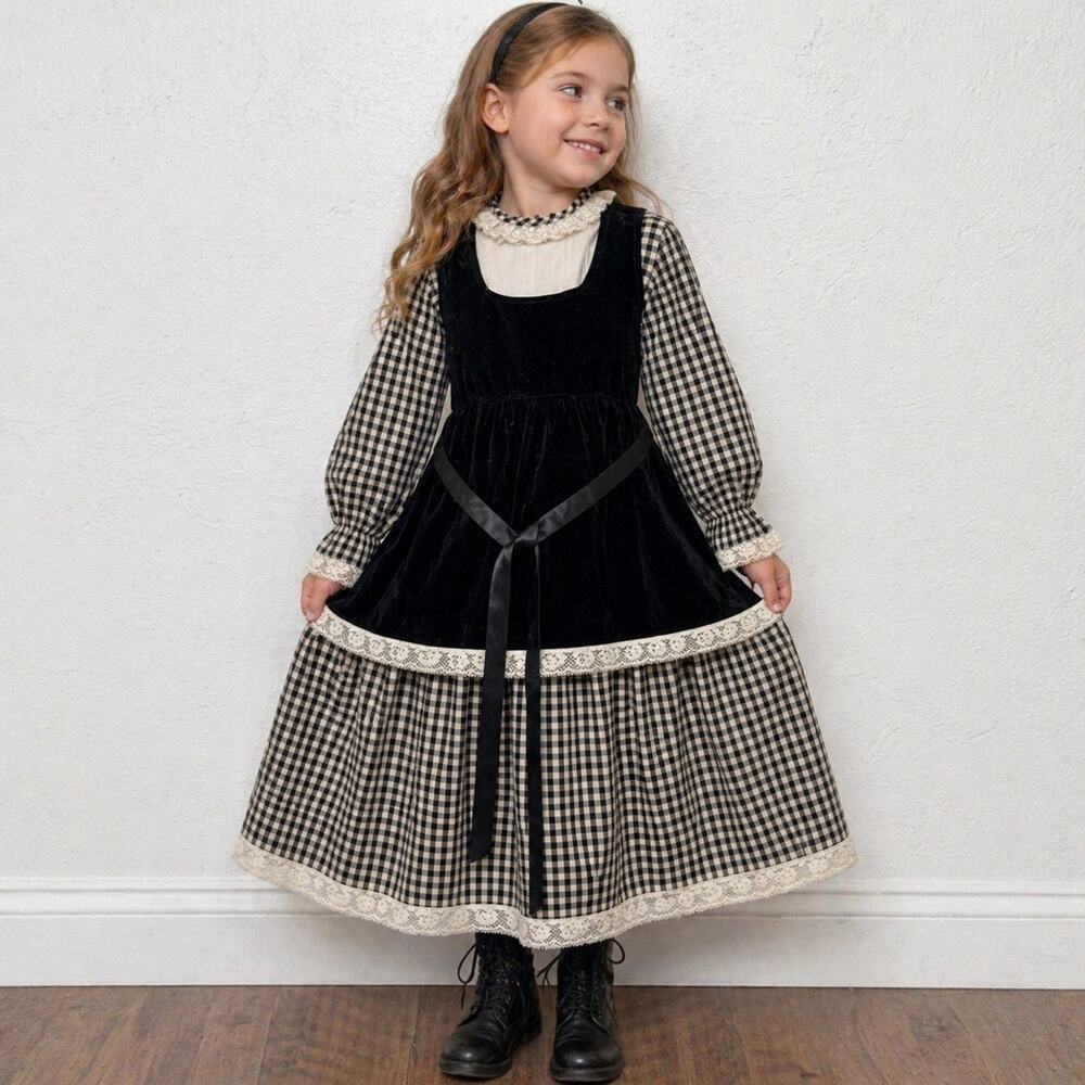 Sears Growing Girl Black Velvet Gingham Prairie Dress Set Sz 7 70s Vintage